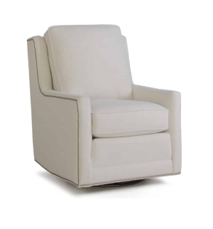 Measures 30"W x 41"D x 42"H and is available in a variety of fabrics, leathers, and nailhead finishes. Also available as a swivel glide chair with matching ottoman. Starting at $1,539 in fabric and $2,219 in leather. Cream Swivel Chair