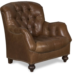 Measures 36"W x 38.5"D x 39.5"H and is available in a variety of fabrics, leathers, nailhead, and leg finishes. Also available with matching ottoman. Starting at $1,959 in fabric and $2,649 in leather. Brown Chair
