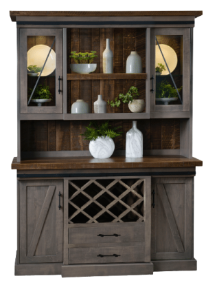 Measures 60"W x 20"D x 83.5"H and is available in a variety of wood species and stain finishes. Additional options include without wine rack and open shelving. Price starting at $6,219. Farmhouse Hutch