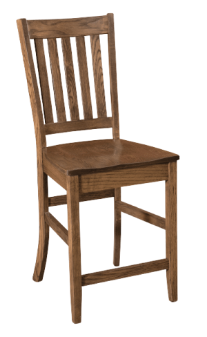 Measures 19"W x 17.5"D x 44.5"H and is available in a variety of wood species and stain finishes. Additional options include wood, fabric, or leather seats. Available in 24" or 30" seat height. Stationary or swivel available. Price starting at $329. Transitional Bar Stool