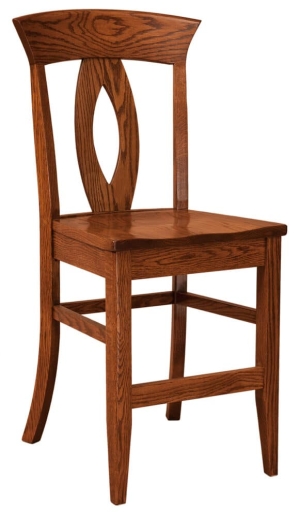 Measures 18"W x 17"D x 45"H and is available in a variety of wood species and stain finishes. Additional options include wood, fabric, or leather seats. Available in 24" or 30" seat height. Stationary or swivel available. Price starting at $429. Traditional Bar Stool