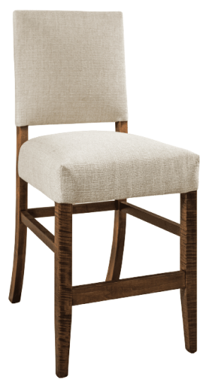 Measures 18"W x 16"D x 42"H and is available in a variety of wood species and stain finishes. Additional options include fabric or leather seats. Available in 24" or 30" seat height. Stationary or swivel available. Price starting at $459. Upholstered Bar Stool