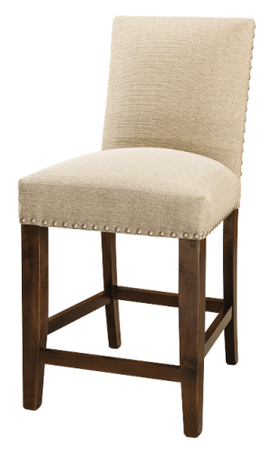Measures 20"W x 16"D x 40"H and is available in a variety of wood species and stain finishes. Additional options include
fabric or leather seats. Available in 24" or 30" seat height. Stationary or swivel available. Price starting at $529. Upholstered Bar Stool