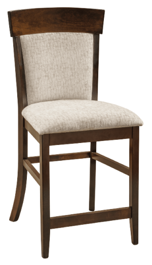 Measures 20"W x 18"D x 44"H and is available in a variety of wood species and stain finishes. Additional options include fabric or leather seats. Available in 24" or 30" seat height. Stationary or swivel available. Price starting at $549. Upholstered Bar Stool