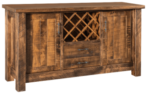 Measures 60"W x 20"D x 83.5"H and is available in a variety of wood species and stain finishes. Additional options include without wine rack and multiple sizes. Price starting at $2,559. Rustic Sideboard
