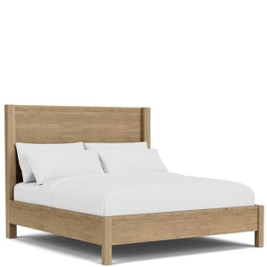 Measures 64.25"W x 88.75"D x 60"H and is available as queen or king. Additional options include upholstered headboard. Price in queen staring at $829. Modern Bed