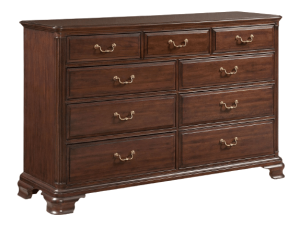 Measures 66"W x 20"D x 42.5"H. American black cherry finish is standard. Coordinating chest also available. Price starting at $2,329. Traditional Dresser
