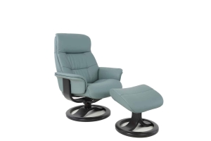 Small/Large measures 30"-33"W x 31"D x 40.5"-42.5"H; stool 19.5"W x 18.5"D x17.5"H and is available in a variety of fabrics, leathers, and wood finishes. Manual Recliner only. Starting at $1,639 in fabric and $1,789 in leather. Leather Chair and Ottoman