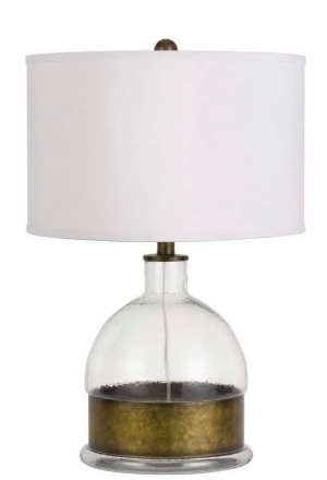 24.75" tall. Clear glass with an antique bronze decorative belt with linen shade. Priced at $199. Transitional Table Lamp