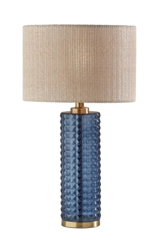 23" tall. Antique brass and blue glass base. Priced at $189. Blue glass base